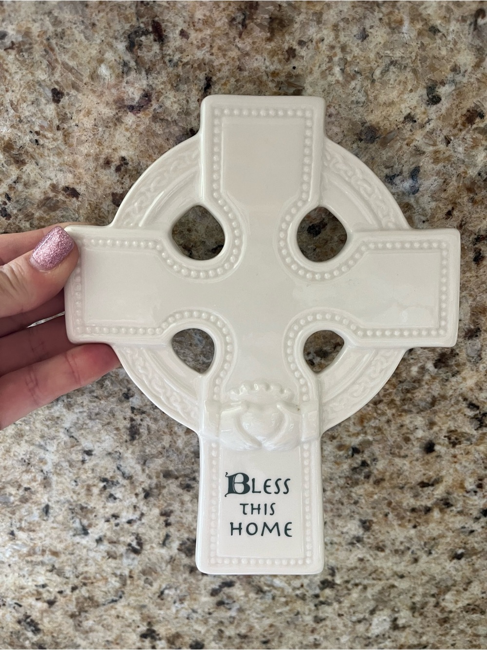 White Ceramic Celtic Cross Wall Plaque - "Bless This Home"